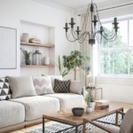 Scandinavian interior design living room 3d render with beige colored furniture and wooden elements